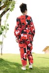 Shop_RAAS LIFE_Red Linen Cotton Print Pixel Mekko V Neck Rosa Top And Pant Set _at_Aza_Fashions