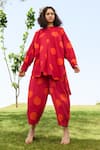 RAAS LIFE_Red Linen Cotton Print Polka Round Neck Salvia Tunic With Balloon Pant _at_Aza_Fashions