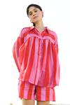 RAAS LIFE_Pink Shirt Cotton Silk Print Candy Stripe Collar Neck Bebo With Shorts _Online_at_Aza_Fashions