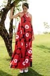 Buy_RAAS LIFE_Red Linen Cotton Print Mekko Halter Neck Birds Of Paradise Maxi Dress 