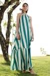 Buy_RAAS LIFE_Green Linen Cotton Print Stripe Halter Neck Birds Of Paradise Maxi Dress _at_Aza_Fashions