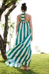 Shop_RAAS LIFE_Green Linen Cotton Print Stripe Halter Neck Birds Of Paradise Maxi Dress _at_Aza_Fashions