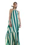 RAAS LIFE_Green Linen Cotton Print Stripe Halter Neck Birds Of Paradise Maxi Dress _Online_at_Aza_Fashions