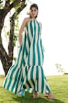 RAAS LIFE_Green Linen Cotton Print Stripe Halter Neck Birds Of Paradise Maxi Dress _at_Aza_Fashions