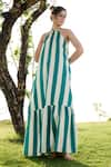 Buy_RAAS LIFE_Green Linen Cotton Print Stripe Halter Neck Birds Of Paradise Maxi Dress 