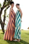 Shop_RAAS LIFE_Green Linen Cotton Print Stripe Halter Neck Birds Of Paradise Maxi Dress 