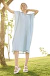 RAAS LIFE_Blue Linen Cotton Solid Collar Neck Chamomile Plain Summer Dress_Online_at_Aza_Fashions