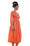 RAAS LIFE_Orange Linen Cotton Print Stripe V Neck Cosmo Balance Midi Dress_Online_at_Aza_Fashions