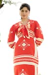 RAAS LIFE_Orange Linen Cotton Print Tribe V Neck Dahlia Midi Dress_Online_at_Aza_Fashions