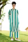 RAAS LIFE_Green Linen Cotton Print Stripe Collar Neck Iris Long Tunic With Flared Pant _Online_at_Aza_Fashions