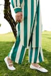 Shop_RAAS LIFE_Green Linen Cotton Print Stripe Collar Neck Iris Long Tunic With Flared Pant 