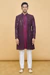 Buy_Soniya G x AZA_Wine Chikankari Embroidered Sequins Hand Work Embellished Jacket Kurta Set _Online_at_Aza_Fashions