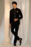 Buy_Soniya G x AZA_Black Velvet Carved Buttons Bandhgala Pant Set_at_Aza_Fashions