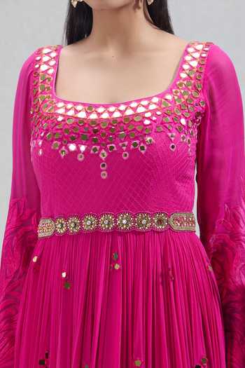 Shop_Yoshita Couture_Pink Mirrors, Stones, Embroidery, Metallic Thread Jaal Anarkali With Belt _Online_at_Aza_Fashions