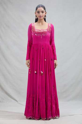 Yoshita Couture_Pink Mirrors, Stones, Embroidery, Metallic Thread Jaal Anarkali With Belt _at_Aza_Fashions
