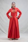 Buy_Payal Khandwala_Red Silk Zari, Embroidery Collared Brocade Motif Pleated Shirt Dress _at_Aza_Fashions