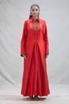 Payal Khandwala_Red Silk Zari, Embroidery Collared Brocade Motif Pleated Shirt Dress _Online_at_Aza_Fashions