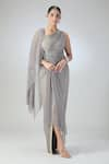 Buy_Tarun Tahiliani_Grey Embroidered Sequin Asymmetric V Shimmer Draped Dress _at_Aza_Fashions