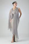 Shop_Tarun Tahiliani_Grey Embroidered Sequin Asymmetric V Shimmer Draped Dress _Online_at_Aza_Fashions