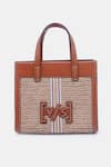 Shop_VERSUHZ_Beige Leather Trimmed Raffia Tote Bag _at_Aza_Fashions