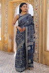 Geroo Jaipur_Blue Modal Silk Printed Ajrakh Gharchola Saree With Unstitched Blouse Piece_Online_at_Aza_Fashions