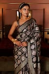 Geroo Jaipur_Black Modal Silk Printed Floral Gharchola Saree With Unstitched Blouse Piece_at_Aza_Fashions