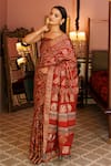 Geroo Jaipur_Red Modal Silk Printed Geometric Gharchola Saree With Unstitched Blouse Piece_at_Aza_Fashions