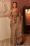 Buy_Geroo Jaipur_Brown Modal Silk Printed Checkered Gharchola Saree With Unstitched Blouse Piece_at_Aza_Fashions