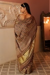 Shop_Geroo Jaipur_Brown Modal Silk Printed Checkered Gharchola Saree With Unstitched Blouse Piece_at_Aza_Fashions