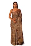 Geroo Jaipur_Brown Modal Silk Printed Checkered Gharchola Saree With Unstitched Blouse Piece_Online_at_Aza_Fashions