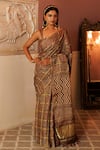 Buy_Geroo Jaipur_Brown Modal Silk Printed Checkered Gharchola Saree With Unstitched Blouse Piece_Online_at_Aza_Fashions