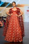 Buy_Awigna_Red Organza Printed Floral Wildrose Corset Gown With Embroidered Cape _at_Aza_Fashions