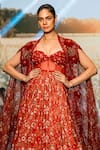 Awigna_Red Organza Printed Floral Wildrose Corset Gown With Embroidered Cape _Online_at_Aza_Fashions