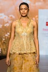 Awigna_Yellow Net Printed Floral V Neck Wisteria Embroidered Peplum Top And Palazzo Set _Online_at_Aza_Fashions