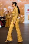 Shop_Awigna_Yellow Net Embroidery Jaal Open Neck Amaryllis Crop Jacket Pant Set _at_Aza_Fashions