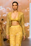 Awigna_Yellow Net Embroidery Jaal Open Neck Amaryllis Crop Jacket Pant Set _Online_at_Aza_Fashions