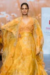 Awigna_Yellow Organza Print Summer Daisy Bloom V Neck Callay Cape Anarkali Set _Online_at_Aza_Fashions