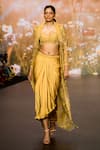 Buy_Awigna_Yellow Organza Embroidery Dahlia Garden Sweetheart Long Jacket Draped Skirt Set _at_Aza_Fashions