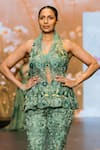 Awigna_Green Organza Embroidery Wonderland Garden Halter Elara Peplum Top With Pant _Online_at_Aza_Fashions