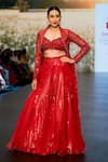 Buy_Awigna_Red Organza Embroidery Sequin Kirmizi Lazer Cut Embellished Lehenga Set _at_Aza_Fashions