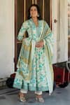 Buy_Kohsh_Green Cotton Printed Floral High Collared V Anarkali Pant Set _at_Aza_Fashions