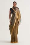 Buy_FIVE POINT FIVE_Gold Tissue Linen Stripe Abha Pattern Saree With Unstitched Blouse Piece _at_Aza_Fashions