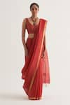 Buy_FIVE POINT FIVE_Red Silk Linen Stripe Paro Pattern Saree With Unstitched Blouse Piece _at_Aza_Fashions