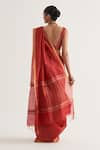 Shop_FIVE POINT FIVE_Red Silk Linen Stripe Paro Pattern Saree With Unstitched Blouse Piece _at_Aza_Fashions