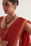 FIVE POINT FIVE_Red Silk Linen Stripe Paro Pattern Saree With Unstitched Blouse Piece _Online_at_Aza_Fashions