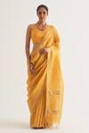 Buy_FIVE POINT FIVE_Yellow Silk Linen Stripe Paro Pallu Saree With Unstitched Blouse Piece_at_Aza_Fashions