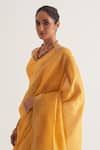 FIVE POINT FIVE_Yellow Silk Linen Stripe Paro Pallu Saree With Unstitched Blouse Piece_at_Aza_Fashions