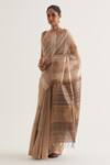 Shop_FIVE POINT FIVE_Beige Tussar Vertical Stripe Chhavi Pattern Saree With Unstitched Blouse Piece _Online_at_Aza_Fashions