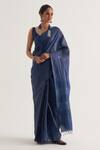 Buy_FIVE POINT FIVE_Blue Tussar Stripe Mayur Woven Motif Saree With Unstitched Blouse Piece_at_Aza_Fashions