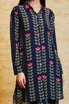 Shop_Sajeda A Lehry_Blue Silk Crepe Printed Floral Collared Sania Kurta And Pant Set_Online_at_Aza_Fashions
